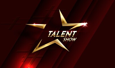 Golden talent show text in the star over red curtain. Event invitation poster. Festival performance banner. Shiny glowing gold advertising inscription. illustration