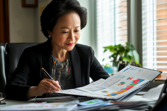 Mature Asian businesswoman sitting at her desk reviewing a thick portfolio, flipping pages with a pen in hand, meticulous and analytical, surrounded by charts and graphs