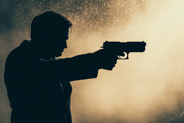 Silhouette of a man holding a gun with hesitation