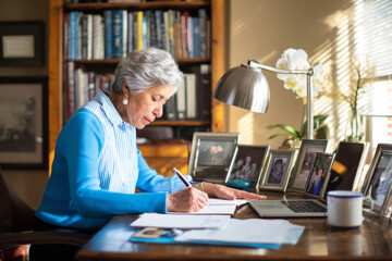 Elderly Hispanic woman writing her memoirs about corporate life, typing at a sunny desk filled with personal photos