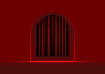 Red curtain inside arch door illustration.