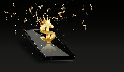 Dollar money phone concept illustration of mobile cell phone with gold dollar