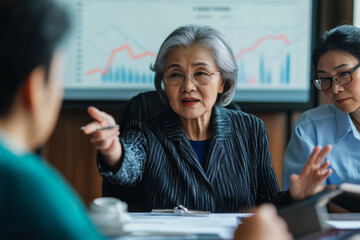 Elderly Asian leader directing attention to data trends during a business strategy discussion