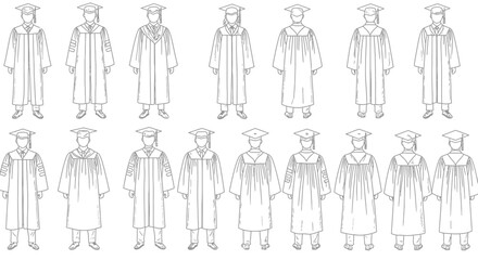 Vector hand drawn graduation gowns representing different educational levels and styles for academic ceremonies, in black and white
