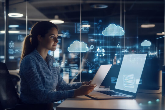 Middle-aged Caucasian woman updating product specifications on her companyâ€™s cloud system, sitting in a high-tech workspace, focused and detail-oriented