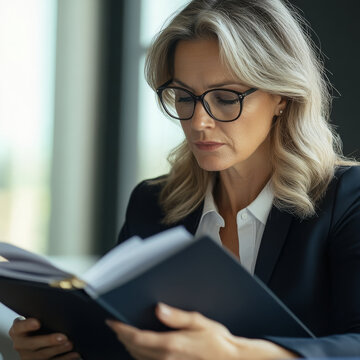 Mature Caucasian businesswoman reviewing a binder of contracts, glasses on, in a serene, minimalist office