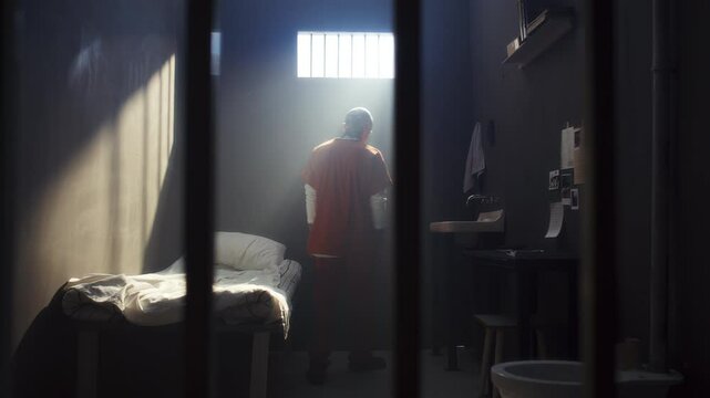 Bored prisoner with tattoos, dressed in orange uniform, wandering around prison cell, then sitting on bed during day