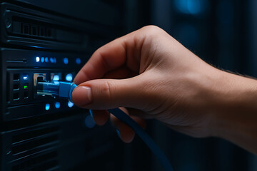 Focused Male IT Technician Plugging Ethernet Cable into Server for Network Setup