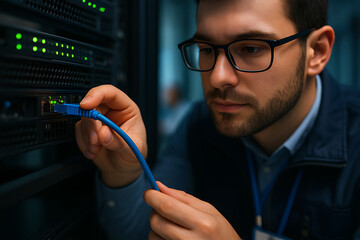 Male Technician Connecting Blue Ethernet Cable to Secure Network Server Port