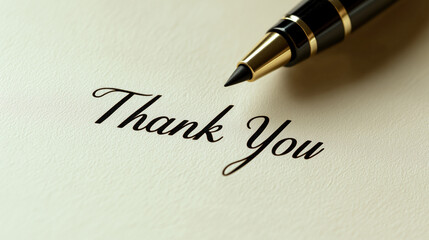 Thank you message with elegant pen. Black ink "Thank You" text on textured cream paper with a luxury black and gold pen and shallow depth of field
