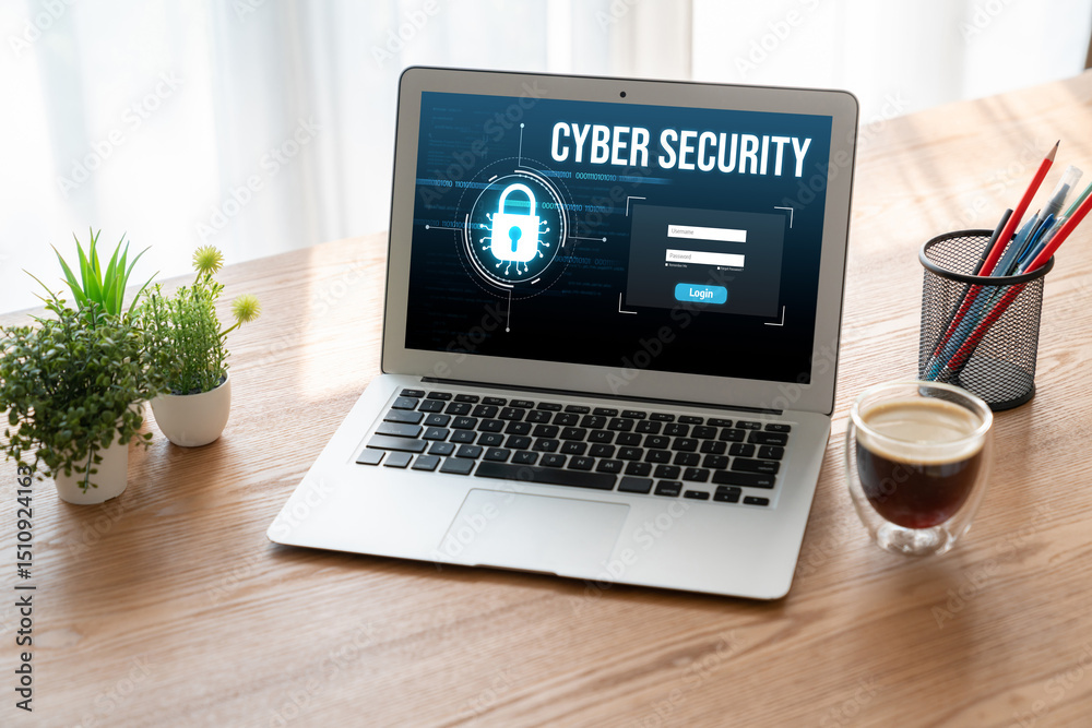 Poster cyber security system on computer screen protect private information snugly from hacker and cyber at