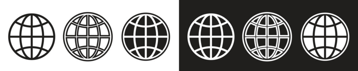 Obraz premium Set of globe web icons in black and white styles representing internet, global communication, worldwide access, and digital connectivity concepts