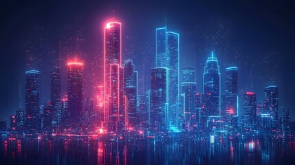 Obraz premium Vibrant neon lit city skyline representing corporate wealth and business assets
