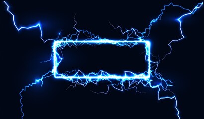 Blue electric realistic flash of lightning frame on background.