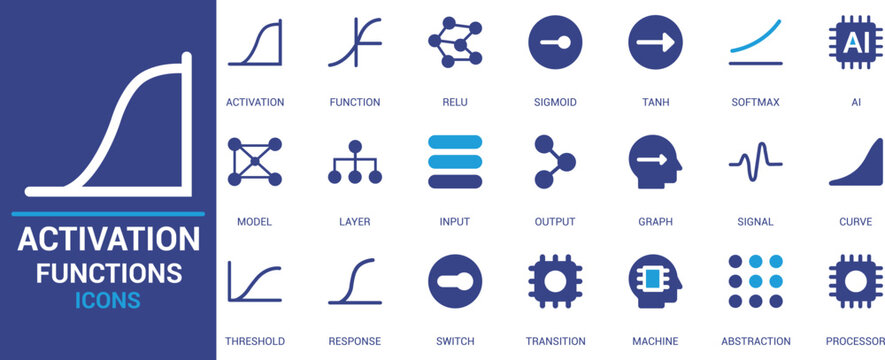 Modern AI and machine learning activation function icons including ReLU, Sigmoid, Tanh, Softmax, and neural network elements. Clean, flat vector design set.

