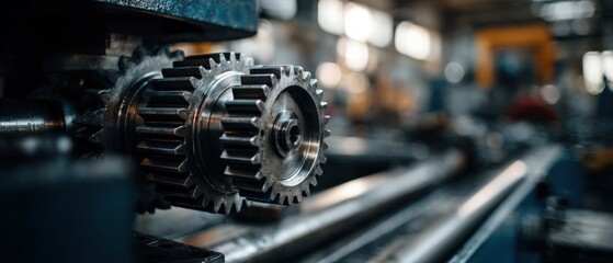 Closeup of industrial metal gears in a factory setting, showcasing precision engineering and mechanical power Concept of industry, manufacturing, and technology