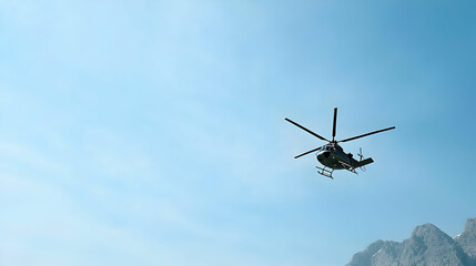 Fototapeta premium Helicopter In Flight Above Mountains On Clear Day