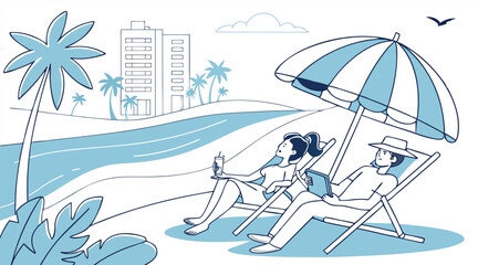"Couple Relaxing on Beach Vacation – Summer Holiday Vector Illustration"