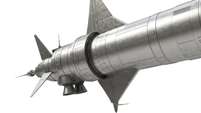 A futuristic silver rocket ship with wings and engines isolated on a white background in a studio shot