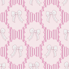 Pink girly flirtatious vector pattern with ribbon bows and stripes. Vector coquette hand drawn illustrations. Trendy seamless pattern for birthday, celebrations decor. Textile design.
