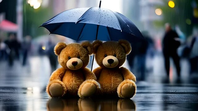 Two teddy bears huddled under a small umbrella in a rainy street