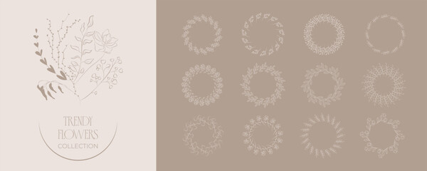 Branches circle frame set. Doodle wearth Hand drawn round line border, leaves and flowers, wedding invitation and cards, logo design and posters template. Elegant minimal style floral set	on a beige 
