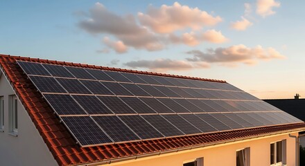 Fototapeta premium Residential house with rooftop solar panels for renewable energy, sustainable electricity, and home energy efficiency. Clean energy solar installation at sunset on a modern building