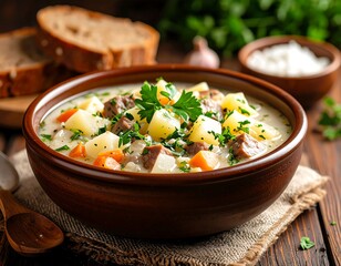 Hearty soup in bowl with bread
