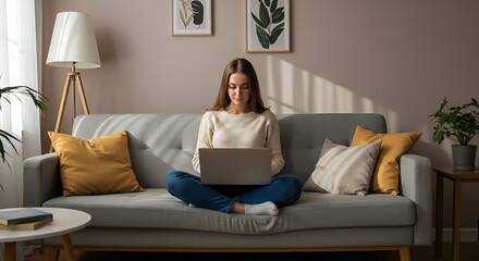 Woman working on laptop cross-legged on sofa in cozy modern interior