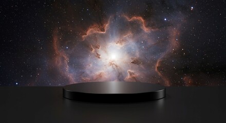 Black product display platform against cosmic nebula background