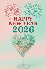 Happy New Year 2026 Succulent Martini with Fireworks on Pink Green Gradient