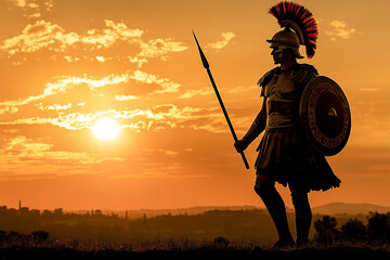 Silhouette of a Roman centurion marching with a spear