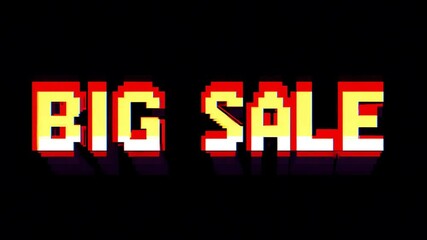 Big sale text in pixelated red font on black background used for retro game styled promotion visuals or marketing content message