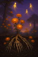 Marigold Blooms Emerging from Skeleton Hands beneath Enchanted Twilight with Luminous Spirits