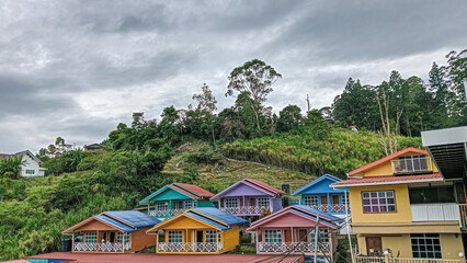 Brightly painted cabins and homes line a lush green slope, offering a serene view under overcast...