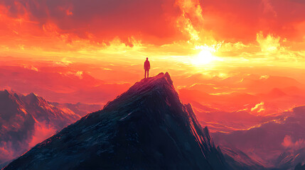 Silhouetted hiker standing atop a rugged mountain peak gazing out at the vast awe inspiring landscape as the sun sets contemplating their strategic vision and bold ambitions for the future