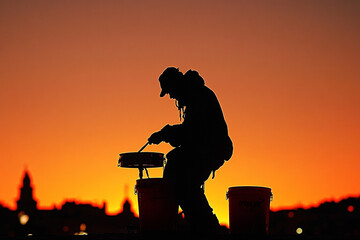 Obraz premium Silhouette of a street drummer playing on overturned buckets
