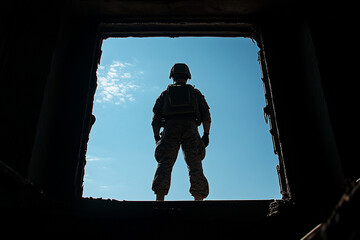 Silhouette of a tank commander standing in an open hatch