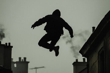 Silhouette of a thief leaping between rooftops
