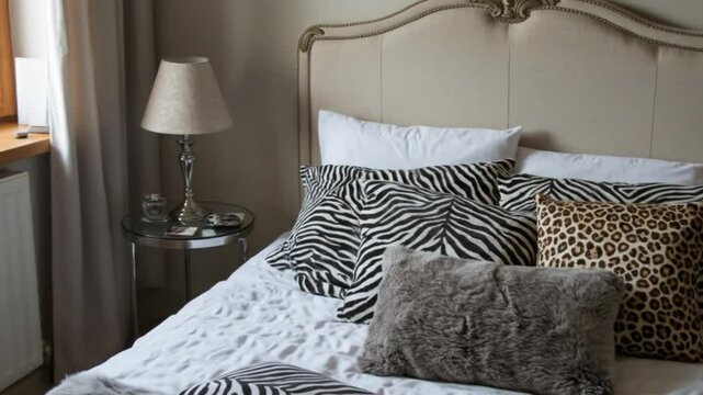 Bedroom with zebra print bedding, pillows, lamps, side tables and a window with flowers inside