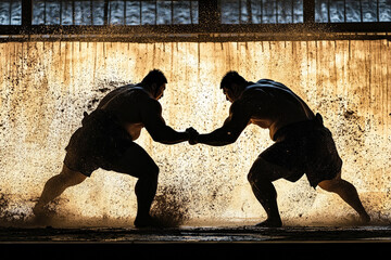 Silhouette of a sumo match mid-grapple