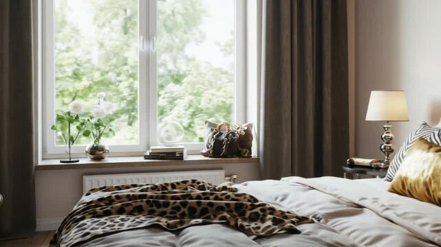 Bedroom interior with zebra art, leopard throw, and neutral tones near a bright window setting scene