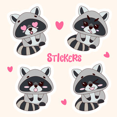 Cute Wild Raccoon Sticker Set.