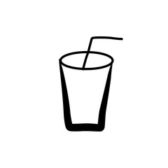 A black outline drawing of a drinking glass with a bent straw inside it.	