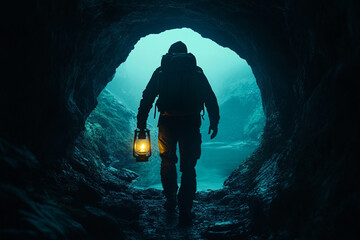 Silhouette of a wanderer carrying a lantern through a dark cave