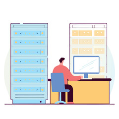 Server Room Vector Illustration Man Working at Computer