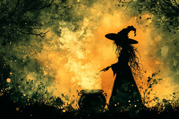 Silhouette of a witch standing before a bubbling cauldron
