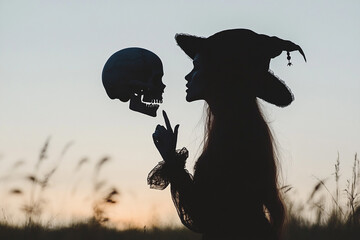 Silhouette of a witch whispering to a floating skull