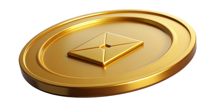 Golden coin with square symbol isolated on transparent background, representing wealth and value