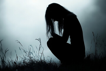 Silhouette of a woman kneeling down in grief